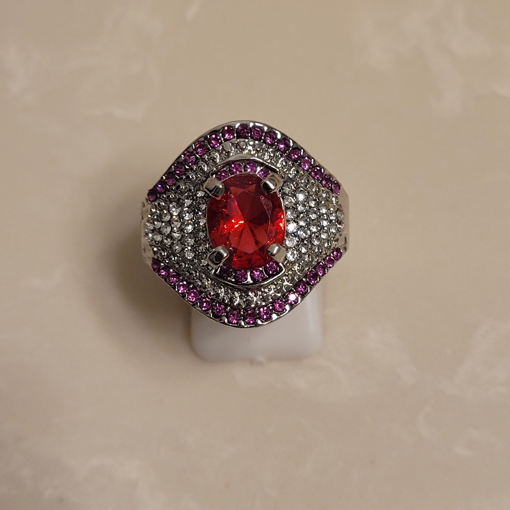 925 Silver Cz And Ruby Statement Ring Size 10 - image 7
